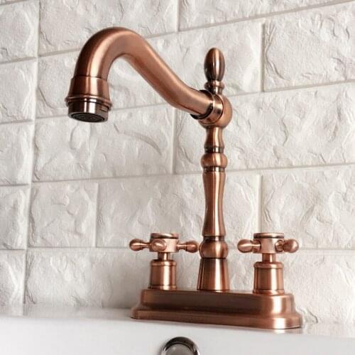 Antique Red Copper 4" Centerset Brass Kitchen Bathroom Vessel Sink Two Holes Basin Swivel Faucet Dual Handles Water Tap arg050