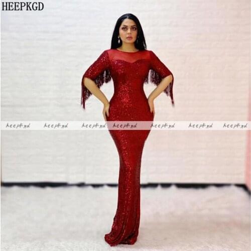 Sparkly Red Arabic Evening Dress With Tassel Mermaid Half Sleeve Shiny Sequin Prom Gowns Long Women Formal Party Dresses