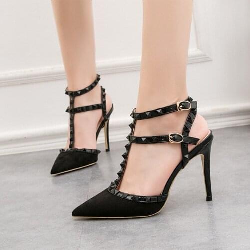 Rivet Roman sandals womens shoes 10CM PUMPS 2020 Sexy slim stiletto nightclub high-heeled shallow mouth pointed hollow