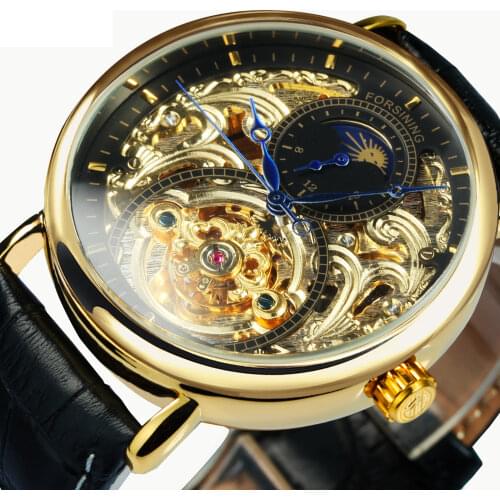 Forsining 2021 Royal Golden Skeleton Display Stylish Watch Men Blue Hands Brown Genuine Leather Belt Mechanical Watches Mens New