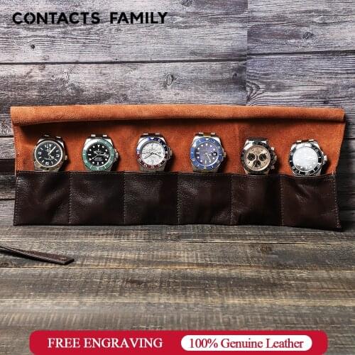 CONTACTS FAMILY High Class 6 Slot Watch Roll Case Oil Nubuck Leather Watch Box Handmade Travel Wristwatch Pouch Organizer