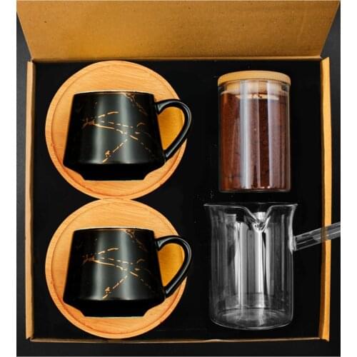 Double Bamboo Marble Patterned Porcelain Turkish Cup Set and Glass Coffee Pot with Jar