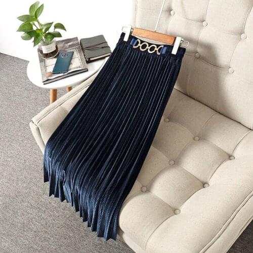 Europe Fashion Autumn Winter New Designer High Waist Solid Vintage Mid Calf Pleated Velour Skirts Women
