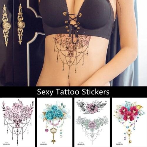 Colorful Sexy Body Art Water Transfer Waterproof Temporary Tattoo Sticker For Women Men Chest Lace Henn Flower Arm Fake Tattoos
