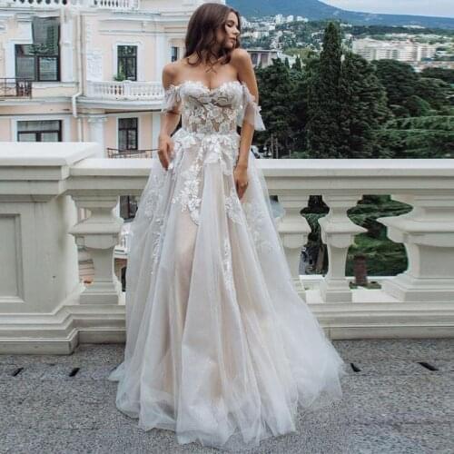 Sexy Sweetheart Lace A Line Wedding Dresses Champagne Lining Off Shoulder Sleeveless Tulle Bridal Gowns Bride Formal Dress