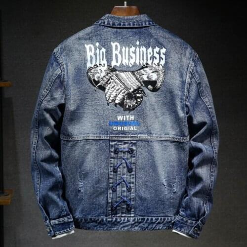 Autumn Mens Biker Denim Jacket Fashion Printed Big Pocket Loose Fit Casual Tops Coat Vintage Lapel Single Breasted Outerwear