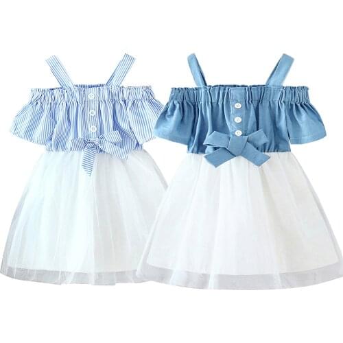 Summer Girls Beach Dress Princess Dresses For Teen Blue Striped Off-shoulder with Bow Party Dresses Princess Casual dress