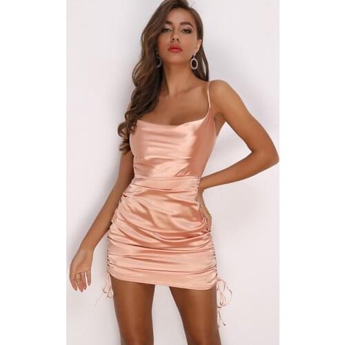 Summer Women Sleeveless Short Mini Dress Sexy Beach Satin Stain Ruched Pleated Drawstring Vestidos Dresses