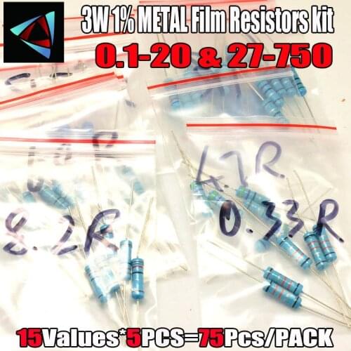 75 Pcs 3W METAL film resistor.1 Ohm ~ 20 ohm or 27 ohm ~ 750 ohm 1% Assorted Kit Resistance 15 Values*5pcs