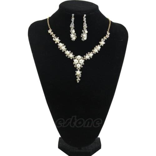 Fashion Rhinnewestone Pearl Necklace + Earring Jewelry Set For Wedding Bridal