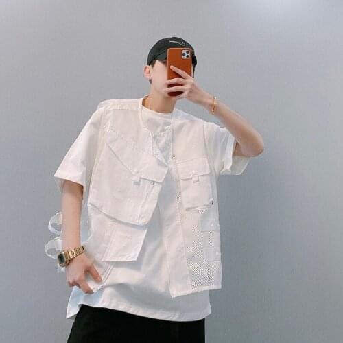 Mens Sleeveless Black White Vest Mesh Pockets Black White Safari Style Outwear Loose F27