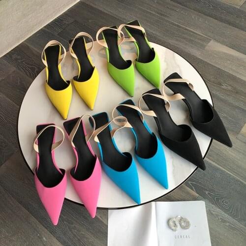 2021 New Arrivals Pointed Toe Women Sandals Candy Color Back Strap Elastic Band Slides Yellow/Green/Pink/Blue/Black Dress Shoes
