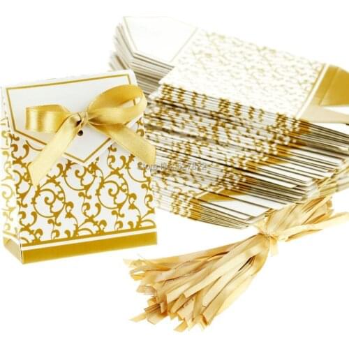 Wholesale 100pcs Gold Newest Wedding Favour Box Party Candy Box Favor Gift Boxes With Ribbon Wedding Decoration Free Shipping