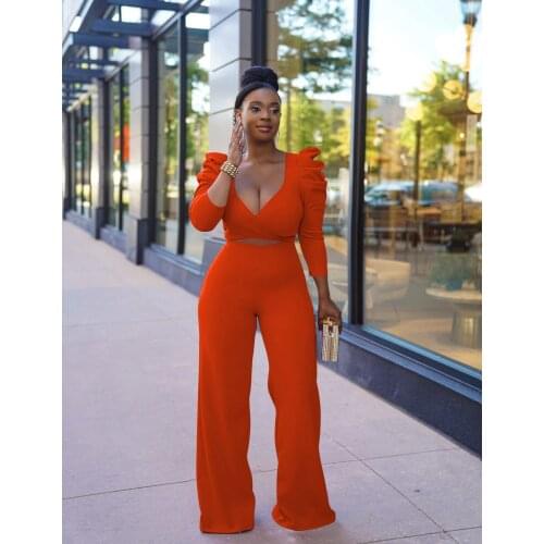 RMSFE 2021 Womens Long Sleeve V-Neck Fashion Solid Bubble Sleeve Front Cut-Out Strap Two Piece Set