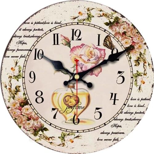 Romantic Retro Vintage Beauty Flora Rose Wall Clocks Home & Garden Creative France Style Non-Ticking Silent Wooden Wall Clock