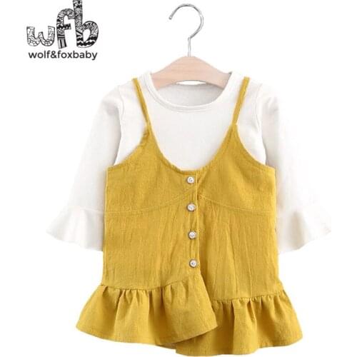 Retail 0-3 years childrens horn sleeve bottoming shirt + quilted pleated dress two sets of spring fall autumn