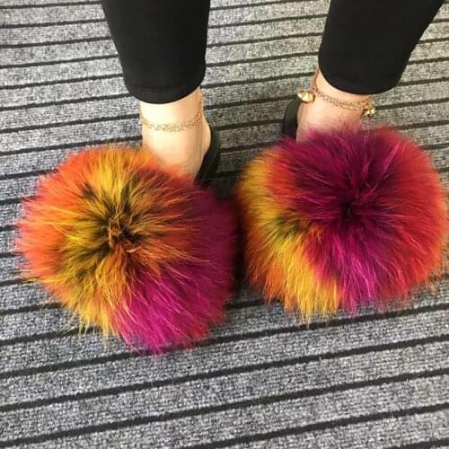 Summer Ladies Fashion Plush Flat Slides Womens Soft Fox Fur Slippers Colorful Fluffy Furry Shoes Female Casual Beach Flip Flops