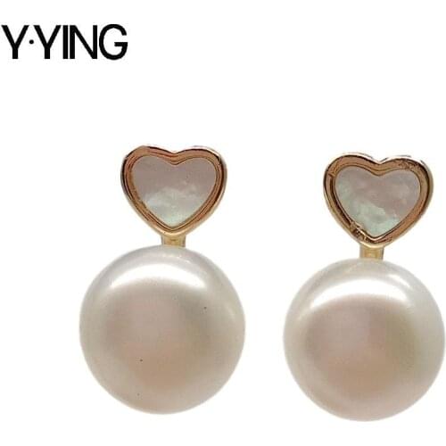 Y·YING Semi Round White freshwater Pearl Heart shaped White Shell Stud Earrings cute style for women girl gift