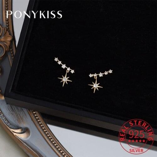 PONYKISS Real 925 Sterling Silver Unique Shiny Arc Zircon 14K Gold Stud Earrings For Women Trendy Fine Jewlry Gift Drop Shipping