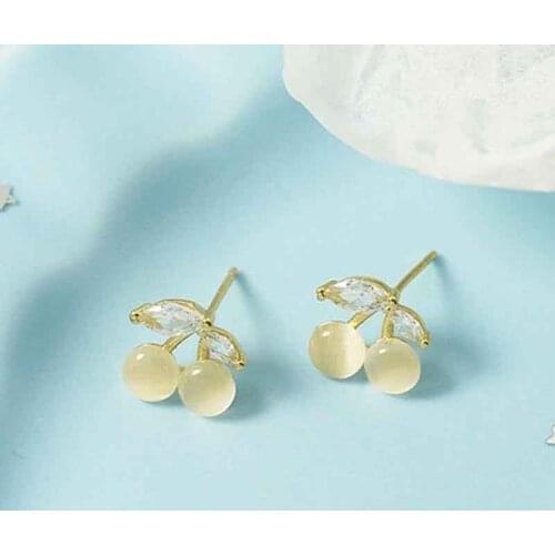 KOFSAC Cute 925 Sterling Silver Stud Earrings For Women Jewelry Zircon Crystal Small Cherry Gold Color Earring Lady Gifts
