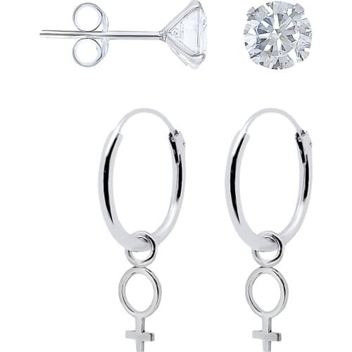 925 Sterling Silver Earrings For Women With Feminist Female Symbol Pendant Two 5 mm Shiny Zirconia