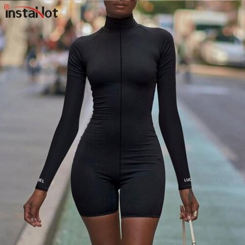 InstaHot Sexy Skinny Playsuit Rib Knit Letter Embroidery Zipper Slim Bodycon Casual Fitness Women Long Sleeve Spring Playsuit