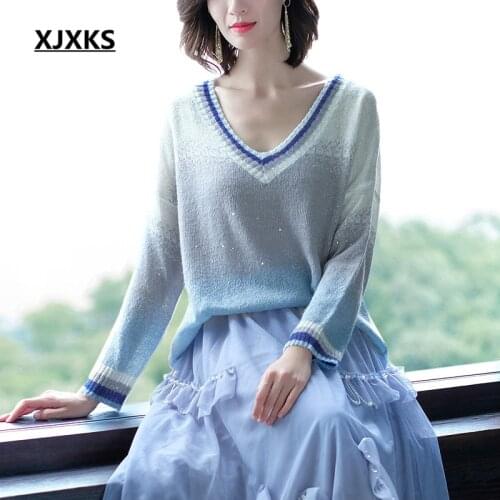 XJXKS Spring And Autumn Long-sleeved Sweaters Loose High Quality Color Gradual Change Top Women Sweater And Pullover Pull Femme