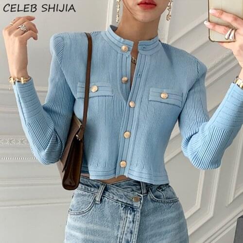 Chic Blue Knitted Cardigan Woman 2021 Gold Button Vintage Sweater Female Single-breasted Business Cropped Sweater Woman Tops