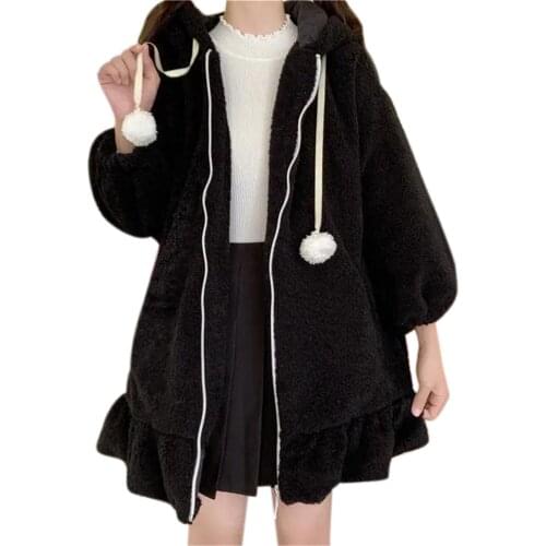 Winter Japanese Cute Rabbit Ears Large Size Sweater Jacket Ute Bunny Printed Girl Hoodie Casual Long Sleeve Sweatshirt Pullover