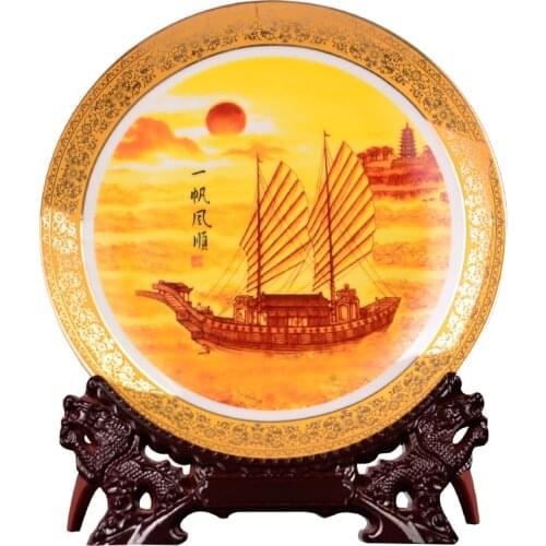 Golden Pine And Crane Ceramic Plate Ceramic Ornamental Plate Decoration Plate Wood Base Porcelain Plate Set Wedding Gift