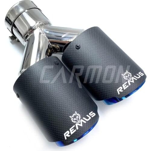 1 piece Car Dual Equal Length Straight Remus Sport Matte Carbon Fiber Exhaust Muffler Tips Glossy Blue Inner Pipe for BMW BENZ