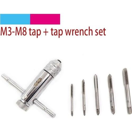 1pcs Adjustable T Handle Wrench Ratchet Spanner + 5pcs M3-M8 Screw Taps Thread Metric Plugs Machinist Hand Tools Tap & Die Set