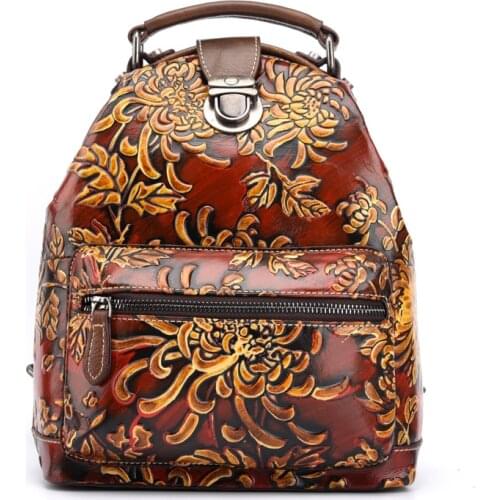 2020 vintage leather flower print women large backpack outdoor casual school bags