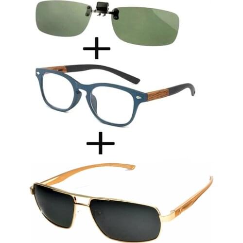3Pcs!!! Comfortable Wood Squared Reading Glasses for Men Women + Sunglasses Pilot Metal Luxury Double Bridge + Sunglasses Clip