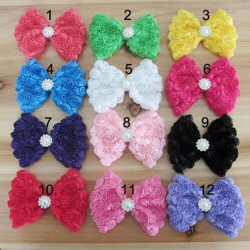 60 PCS/LOT 4.7" inch big size rose flower bows with Crystal Pearl Center mixed colour