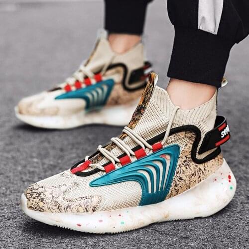 Large Size High Top Sport Shoes Male Sneakers Men Summer Sports Shoes Mens Running Shoes Brown Knitting Baskets Jogging B-664