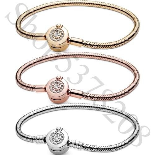 Authentic 925 Sterling Silver Moments Sparkling Crown O Fashion Bracelet Fit Pandora Women Bead Charm Bangle Gift DIY Jewelry