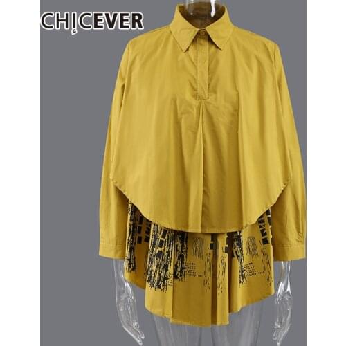 CHICEVER Colorblock Long Sleeve Top For Women Lapel Loose Asymmetrical Hem Button Through Blouse 2021 Fashion New Clothing Style