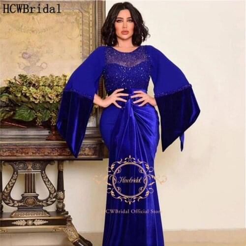 Dubai Royal Blue Long Sleeve Evening Dress Pleat Velvet Mermaid Elegant Formal Dresses Plus Size Women Wedding Party Gowns
