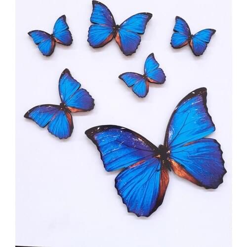 Flocking Cheap Butterfly Figured 6 Pieces Blue Wooden Wall Sticker Ornament