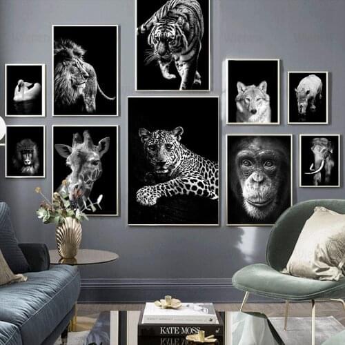 Animal Canvas Painting Black and White Wall Art Poster Wolf Tiger Monkey Home Wall Decor Picture Interior Room Decor Mural