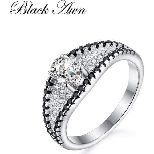 [BLACK AWN] Genuine 100% 925 Sterling Silver Jewelry Rings for Women Black&White Stone Bijoux Party Gift C243