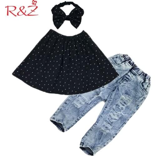2019 INS Hot Sale Girls Suit Tops + Headband + Jeans 3 Pieces Set Fashion Hole Jeans Dot Wrapped Chest Bow Scarf Denim Europe k1