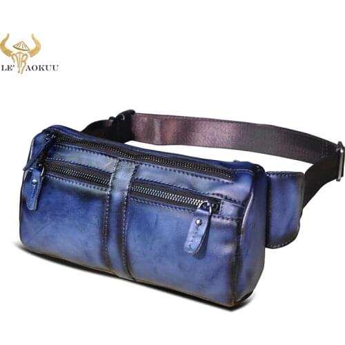 Famous Brand Real Cow Leather men Retro Blue Travel Crossbody Bag Design Fanny Waist Belt Bag Sling Chest Pack Bum Bag 811-49