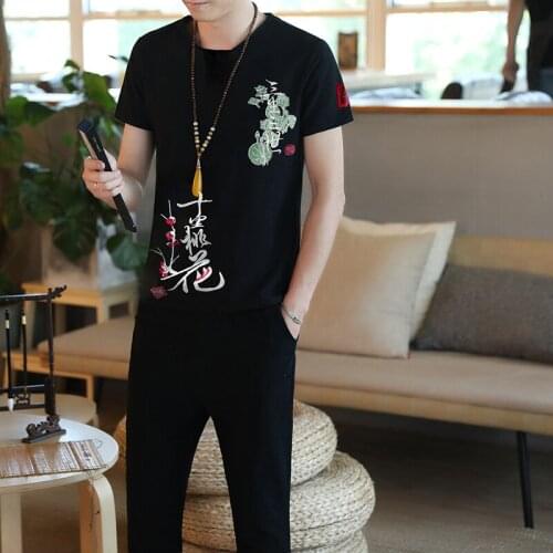 Summer Chinese Style Retro Embroidery Mens Short-sleeved Seven Points Pants Suit Pieces Sets Cotton and Linen Fabrics