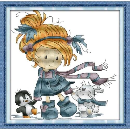 Joy Sunday Girl & Friends Counted Cross Stitch Fabric 14CT Printed Canvas Cross-stitch DMC Cross Stitch Kit Home Decor Send Gift