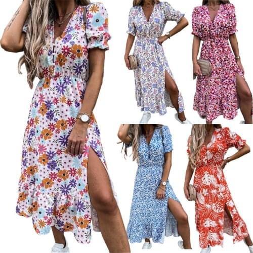 Multiple Colors Printed Long Dress Summer Loose Sexy Chiffon Bohemian A-LINE Button Short Puff Sleeve V-Neck Party Beach Dress