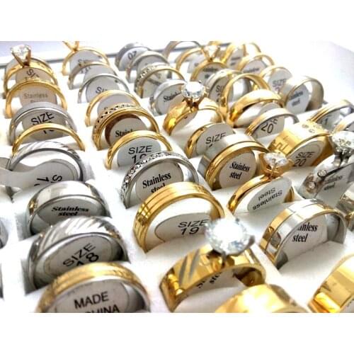 NEW 50pcs Top Mix Men Women Zircon Rhinestone Stainelss Steel CZ Wedding Rings Engagement Jewelry Lovers Gift Party Jewelry