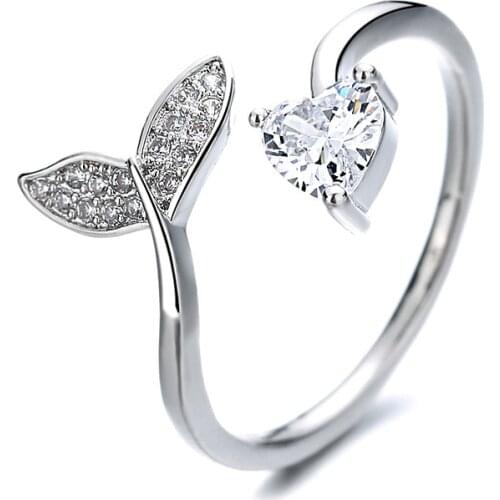 New Fashion Silver Color Copper Finger Rings Stackable Adjustable Fish Tale & Heart Ring For Women Jewelry Gift Dropship