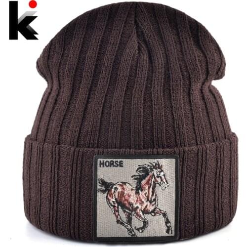 New Skullies Beanies With Horse Embroidery Patch Knitted Solid Color Hats For Men Women Outdoor Streetwear Bonnet Cap Boys Hat